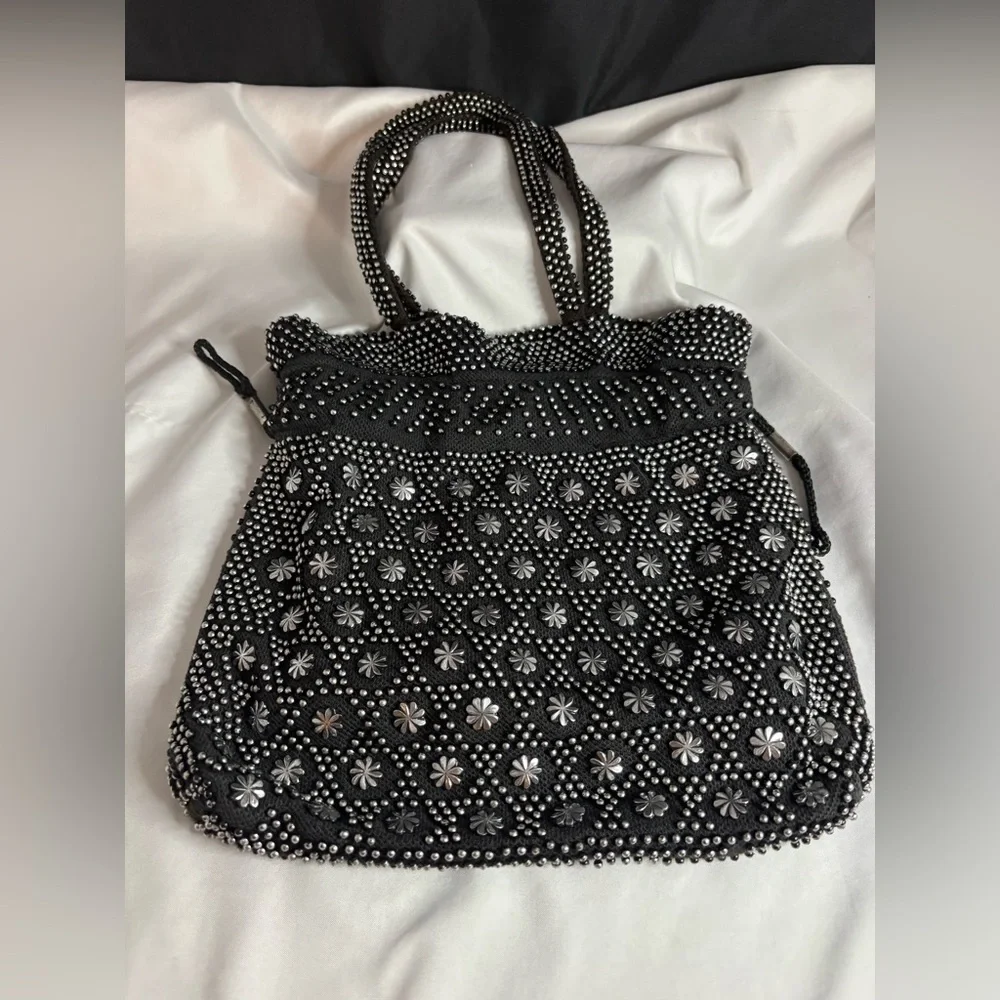 Black metallic beaded, drawstring purse/bag - Picture 2 of 5